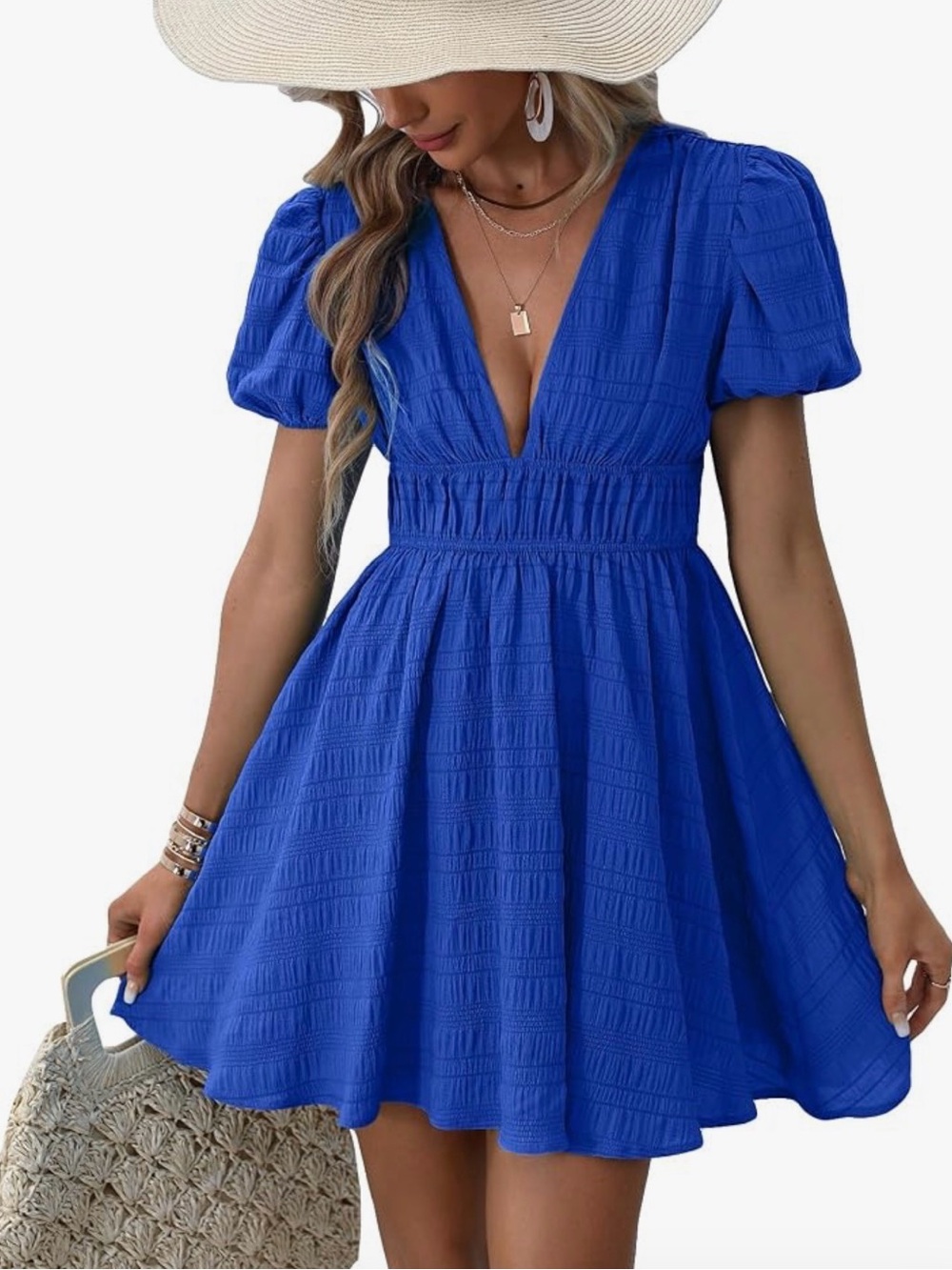 Blue V-Neck Short Sleeve Fit & Flare Dress